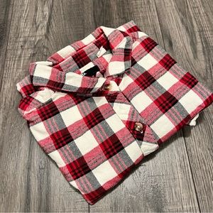 BDG Boyfriend Fit Flannel Plaid Cream and Red Long Sleeve Button Down